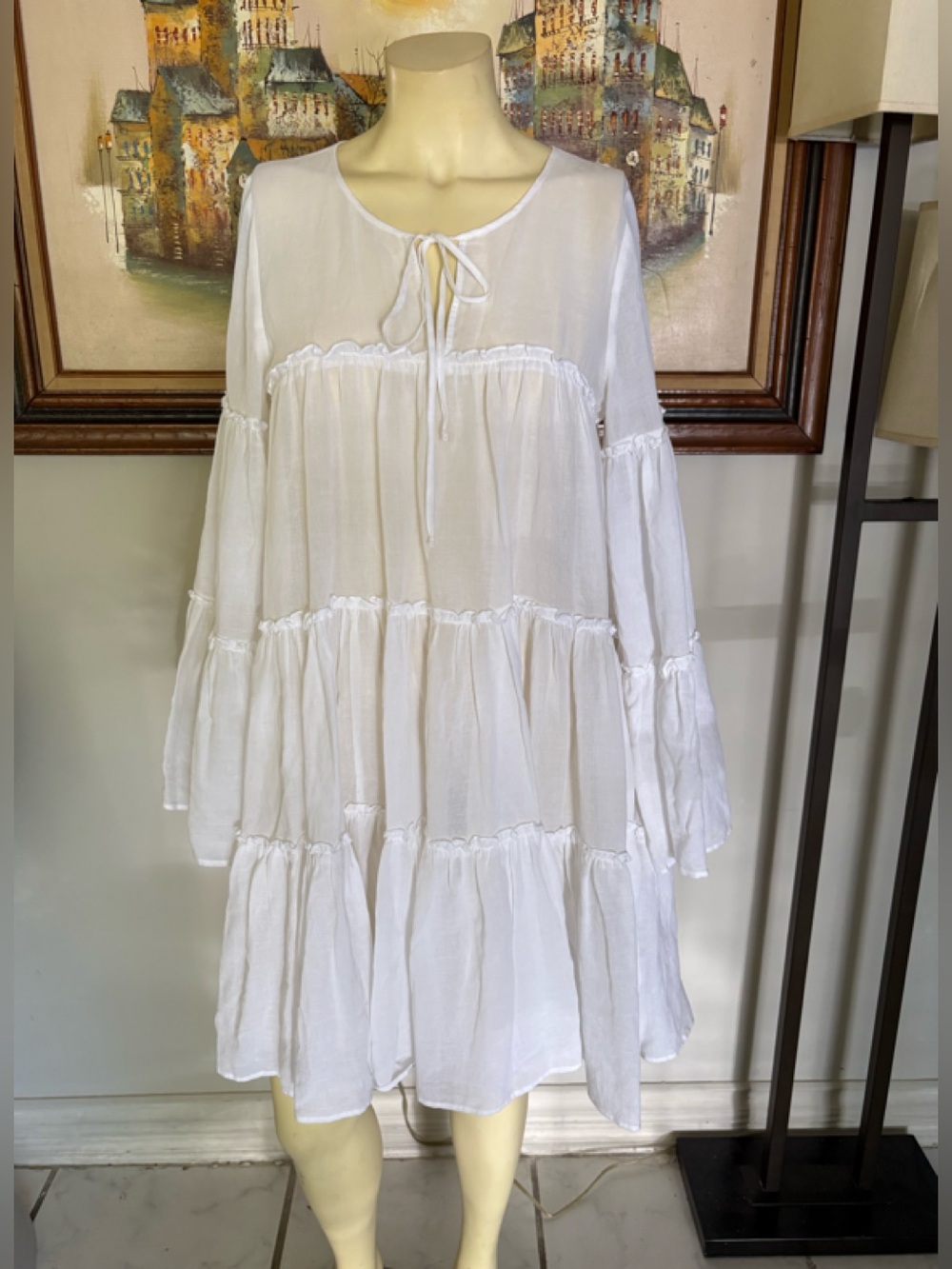 BCBGMaxAzria White Balloon Sleeves Tiered Tunic Dress Sz XS